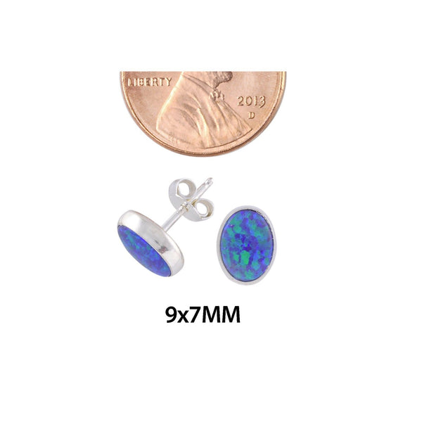 Opal Gemstone Stud Earrings Sterling Silver Navy Blue Green 7mm x 9mm Oval - Jewelryland.com