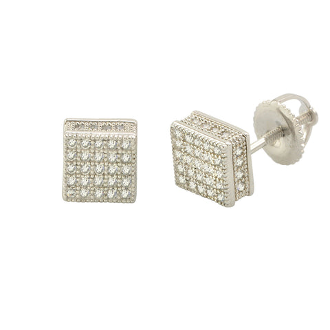 Sterling Silver Square Screw Back Stud Earrings 7mm Clear CZ 3d Side Stones - Jewelryland.com
