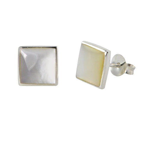 Mother of Pearl Stud Earrings .925 Sterling Silver 8mm Square Stone - Jewelryland.com