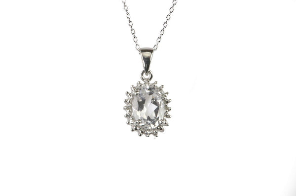 925 Sterling Silver White Topaz and Diamond Necklace 16mm Oval 18 Inch Chain - Jewelryland.com