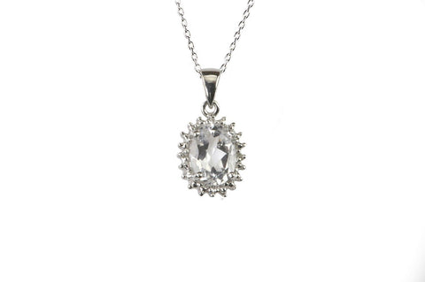 925 Sterling Silver White Topaz and Diamond Necklace 16mm Oval 18 Inch Chain - Jewelryland.com