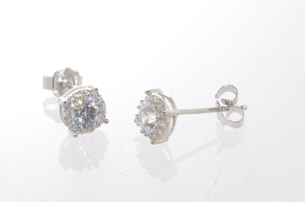Halo Cubic Zirconia Stud Earrings Sterling Silver 6mm Fancy Micropave Outline - Jewelryland.com