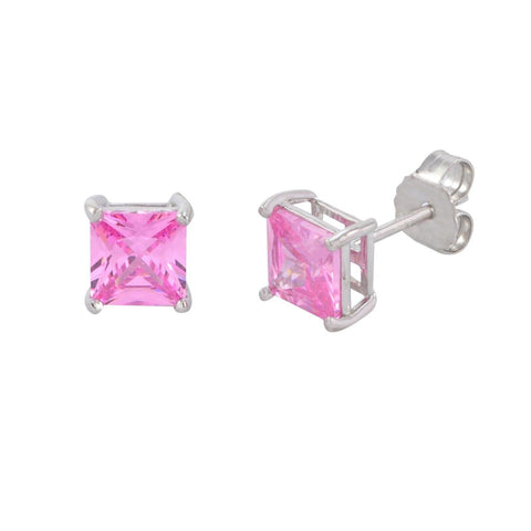 Square Pink CZ October Birthstone Stud Earrings .925 Sterling Silver Basket Set - Jewelryland.com