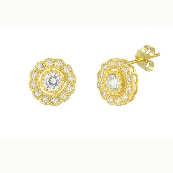 Flower Petal Stud Earrings Yellow Gold Plated Pave White CZ Cubic Zirconia 10mm - Jewelryland.com