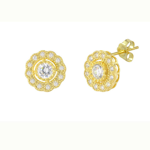 Flower Petal Stud Earrings Yellow Gold Plated Pave White CZ Cubic Zirconia 10mm - Jewelryland.com