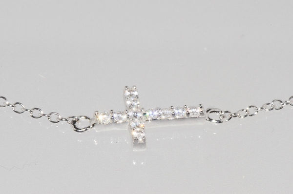 Sideway Cross Necklace 925 Sterling Silver Cubic Zirconia, 16.5" - Jewelryland.com