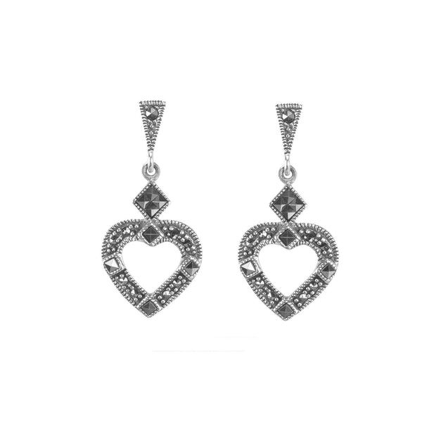 Marcasite Dangle Earrings Open Heart Design .925 Sterling Silver 33mm - Jewelryland.com
