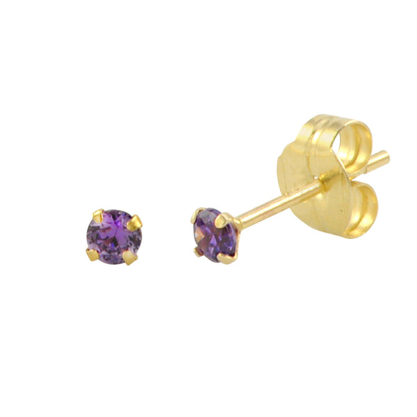 14k Yellow Gold Purple Amethyst Cubic Zirconia Stud Earrings Round Birthstone CZ - Jewelryland.com