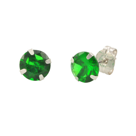 14k White Gold Emerald Green Cubic Zirconia Stud Earrings Round Birthstone CZ - Jewelryland.com
