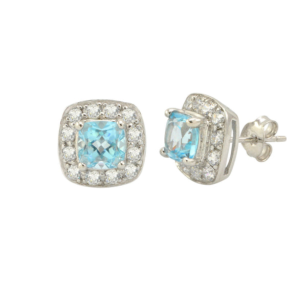 Blue Topaz Gemstone Stud Earrings 925 Sterling Silver Square Micropave CZ Accent - Jewelryland.com
