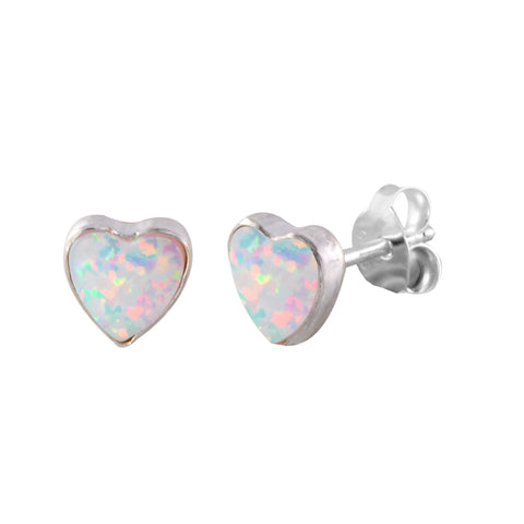 Sterling Silver Opal Gemstone Earrings Iridescent Pearl 6mm Heart - Jewelryland.com
