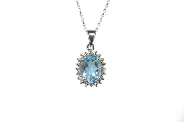 925 Sterling Silver Diamond and Blue Topaz Necklace 16mm Oval 18 Inch Chain - Jewelryland.com