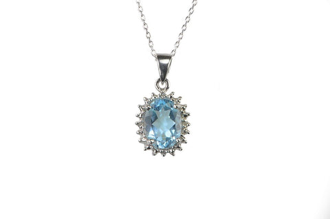 925 Sterling Silver Diamond and Blue Topaz Necklace 16mm Oval 18 Inch Chain - Jewelryland.com