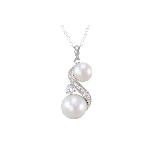 White Double Pearl Sterling Silver Pendant Necklace Swirl CZ Accent, 18" Chain - Jewelryland.com