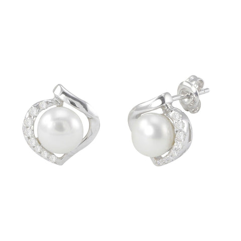 Pearl Earrings .925 Sterling Silver Genuine Freshwater with White CZ on 1 Side - Jewelryland.com
