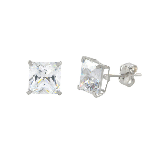 10k White Gold Square Stud Earrings Clear CZ Cubic Zirconia Princess Cut Basket - Jewelryland.com