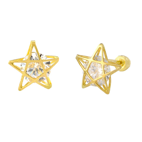 CZ Star Stud Earrings Cubic Zirconia 10k Yellow Gold with Screwbacks 8x9 - Jewelryland.com