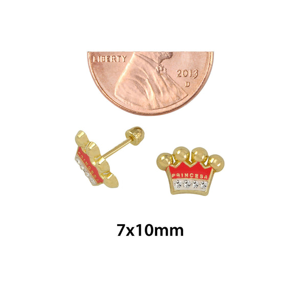 10k Yellow Gold Earrings Pink Princess Crown Studs with Screwbacks - Jewelryland.com