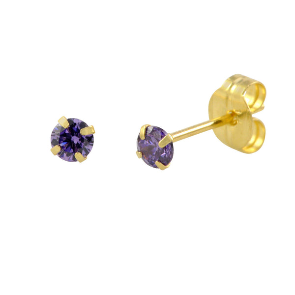 14k Yellow Gold Purple Amethyst Cubic Zirconia Stud Earrings Round Birthstone CZ - Jewelryland.com