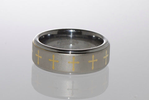 Tungsten Wedding Band Ring w Yellow Gold Plated Laser Engraved Cross - Jewelryland.com