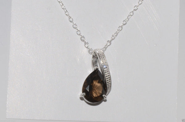 Sterling Silver Diamond (.0033ct) and Smoky Quartz (1.6ct) Necklace 18" chain - Jewelryland.com