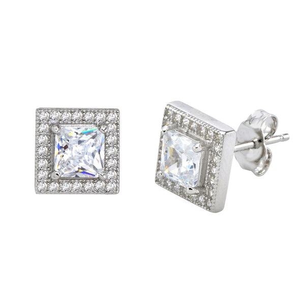 Sterling Silver Square Halo Cubic Zirconia Stud Earrings Micropave 9mm x 9mm - Jewelryland.com