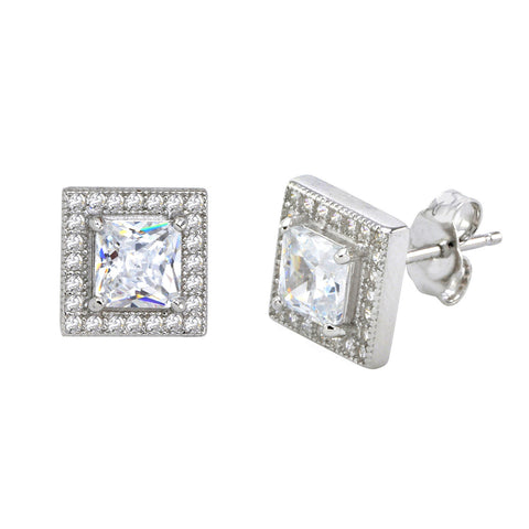 Sterling Silver Square Halo Cubic Zirconia Stud Earrings Micropave 9mm x 9mm - Jewelryland.com