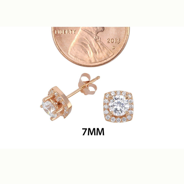 Halo Stud Earrings Rose Gold Plated Pave Cubic Zirconia 7mm Rounded Square - Jewelryland.com