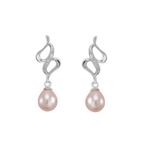 Dangle Earrings Pink Pearl Abstract Swirl Design White CZ .925 Sterling Silver - Jewelryland.com