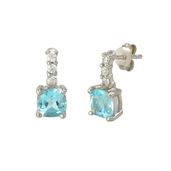 Blue Topaz Gemstone Stud Earrings 925 Sterling Silver CZ Row Atop Round Gem - Jewelryland.com