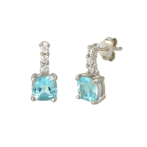 Blue Topaz Gemstone Stud Earrings 925 Sterling Silver CZ Row Atop Round Gem - Jewelryland.com