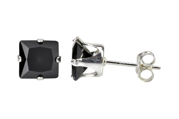 Black Square Cubic Zirconia Stud Earrings CZ Prong Set 925 Sterling Silver - Jewelryland.com