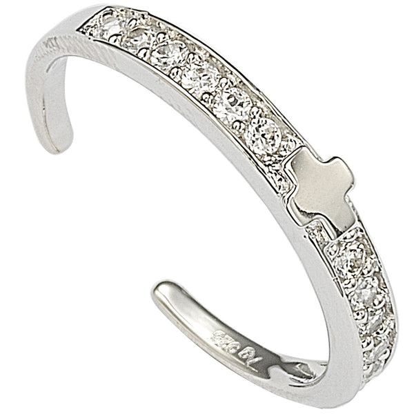 925 Sterling Silver Cross Toe Ring Cubic Zirconia Adjustable - Jewelryland.com