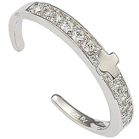 925 Sterling Silver Cross Toe Ring Cubic Zirconia Adjustable - Jewelryland.com
