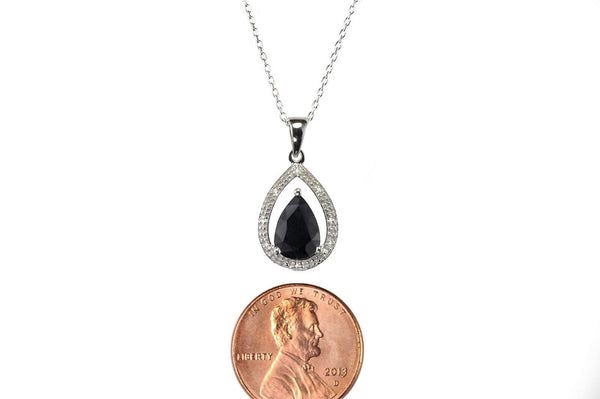 Sterling Silver Diamond (.003ct) and Dark Sapphire Teardrop Pendant Necklace - Jewelryland.com