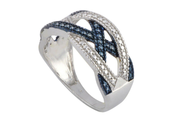 Blue & White Diamond Ring Sterling Silver .02ct - Criss Cross Weave Design - Jewelryland.com