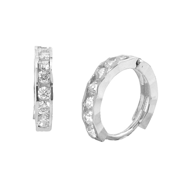 Sterling Silver Hoop Earrings 1 Row Cubic Zirconia Fancy Setting 13mm x 3mm - Jewelryland.com