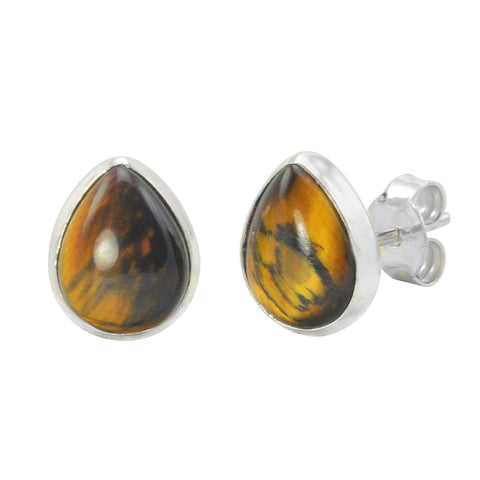 Tigers Eye Gemstone Earrings Sterling Silver Pear Shaped 10mm x 8mm - Jewelryland.com