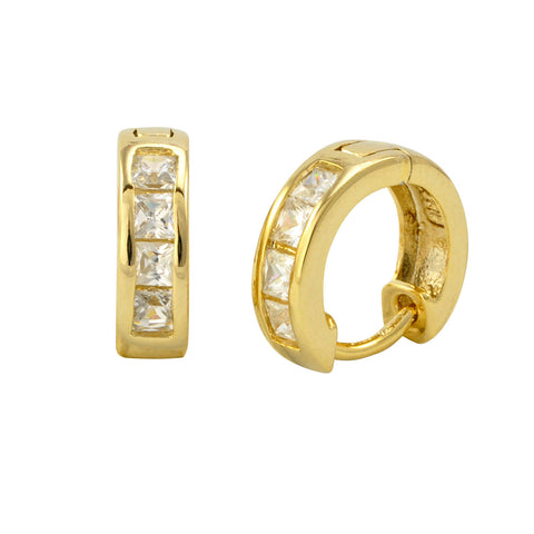 10k Gold Plated Huggie Hoops 14mm 1 Row Clear Cubic Zirconia Earrings AAA CZ - Jewelryland.com