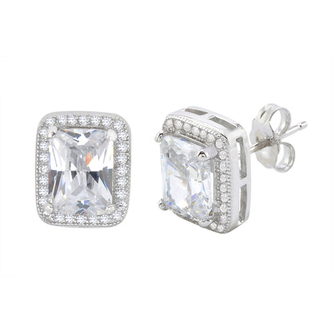 Sterling Silver Rectangle Halo Cubic Zirconia Stud Earrings Micropave 11mm x 9mm - Jewelryland.com