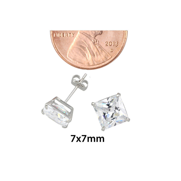 10k White Gold Square Stud Earrings Clear CZ Cubic Zirconia Princess Cut Basket - Jewelryland.com