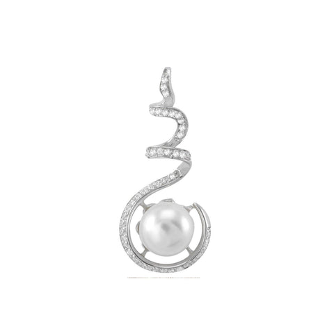 925 Sterling Silver Genuine Freshwater White Pearl Pendant CZ Spiral Top - Jewelryland.com