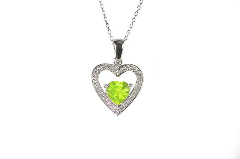 Sterling Silver Diamond and Peridot Heart Necklace with Heart Stone, 18" Chain - Jewelryland.com