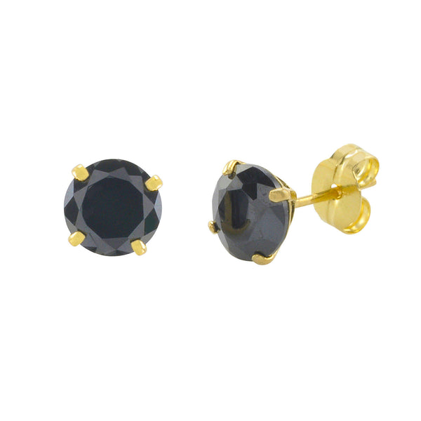 10k Yellow Gold Round Black CZ Stud Earrings Cubic Zirconia Basket Setting - Jewelryland.com