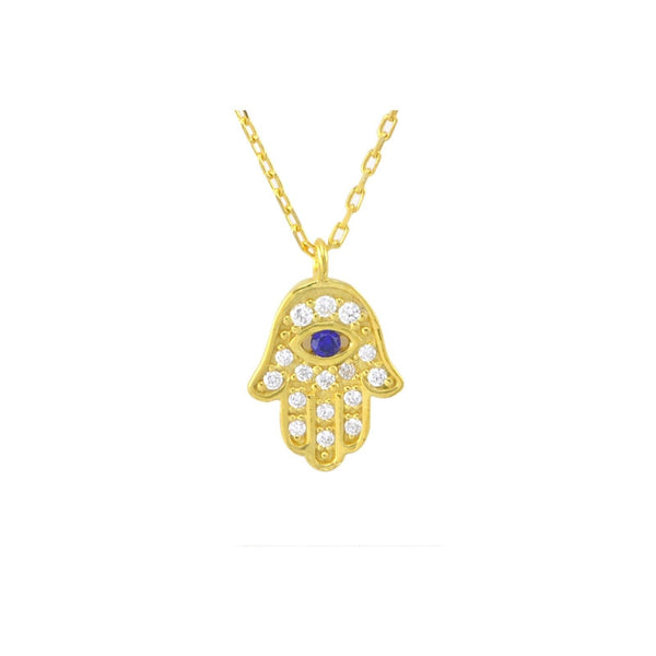 Hamsa Necklace Sterling Silver Yellow Gold Hand of God- Evil Eye, 17" Chain - Jewelryland.com