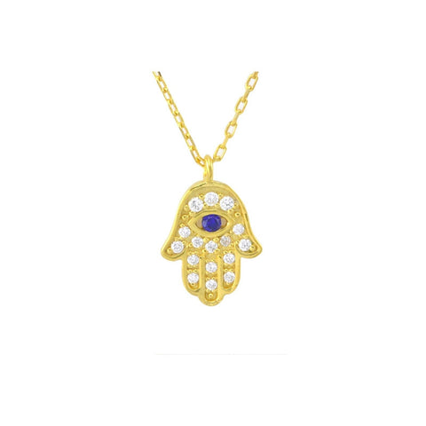 Hamsa Necklace Sterling Silver Yellow Gold Hand of God- Evil Eye, 17" Chain - Jewelryland.com