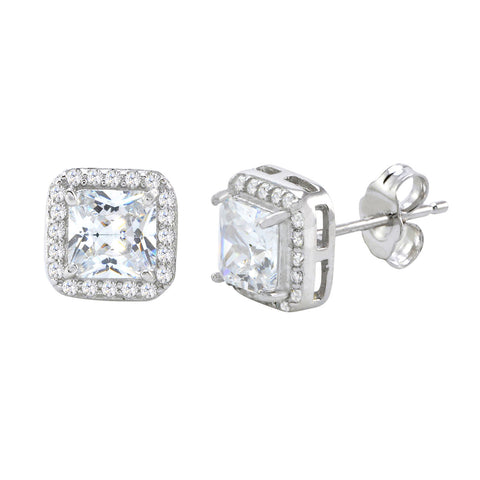 Sterling Silver Rounded Square CZ Stud Earrings Micropave Cubic Zirconia 9mm - Jewelryland.com