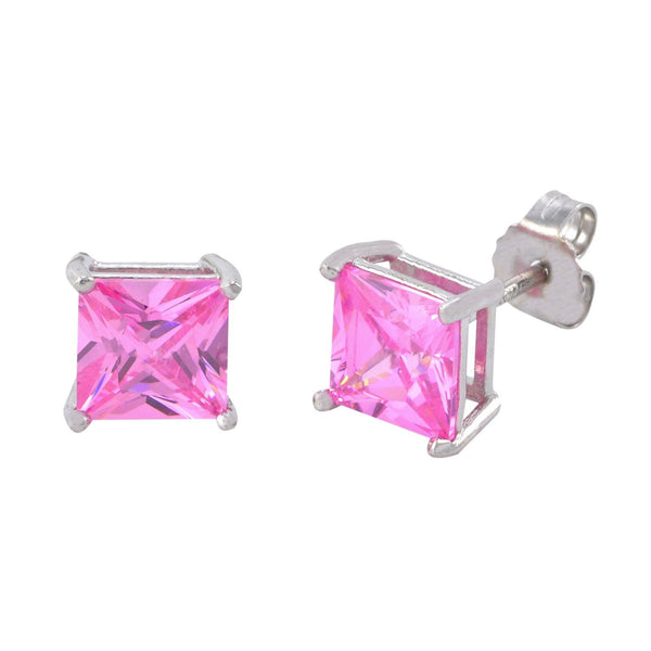Square Pink CZ October Birthstone Stud Earrings .925 Sterling Silver Basket Set - Jewelryland.com