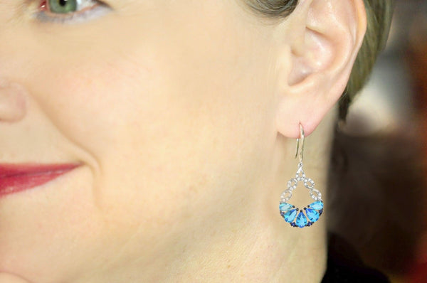 Sterling Silver CZ Dangle Earrings Blue and White Stones - Jewelryland.com