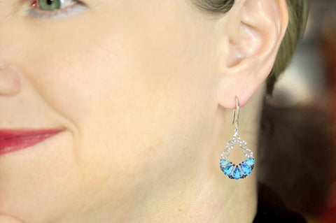 Sterling Silver CZ Dangle Earrings Blue and White Stones - Jewelryland.com